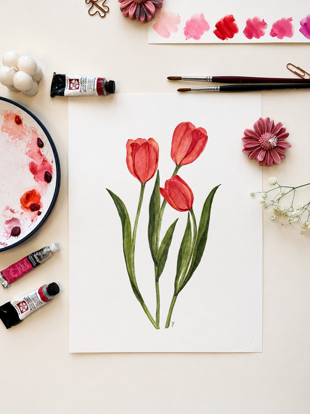 Pink Tulip Watercolor Art Print