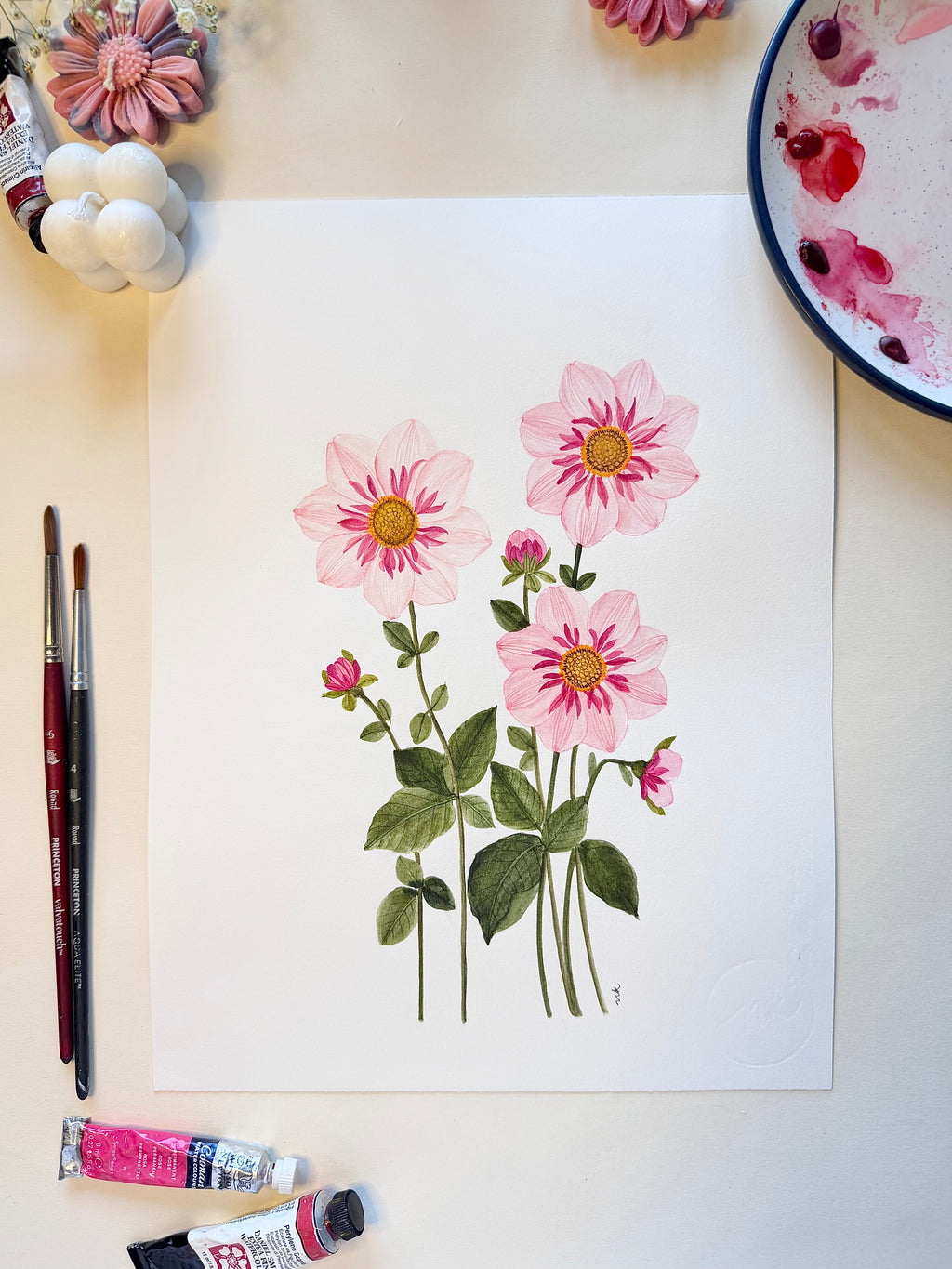 Pink Dahlia Watercolor Art Print
